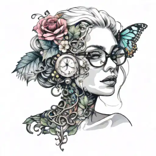 portrait of a beautiful woman covered in vines and flowers, clocks, bolts, glasses,  bold colors, steampunk, cyberpunk. tattoo design idea