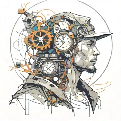 portrait of a man covered wit h vines, clocks, bolts,   bold colors, steampunk, Style Of Josef Kote, cyberpunk, grunge tattoo design idea