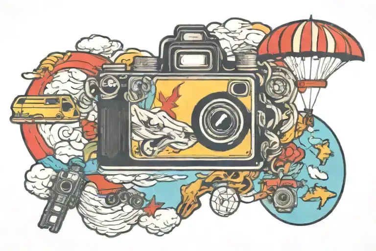 adventure life with sky diving, marathons,flight, and camera tattoo design idea