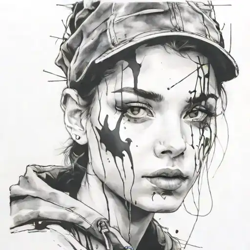 face portrait using Ink black street graffiti art on a inspired Banksy tattoo design idea