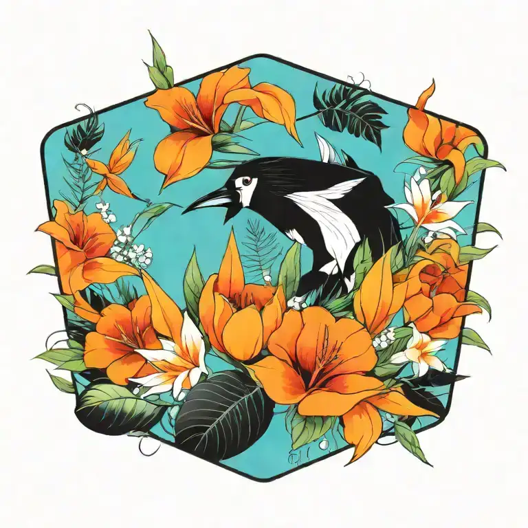 floral bouquet with a strelitzia, a daffadils, leaves and summer flower  tattoo design idea