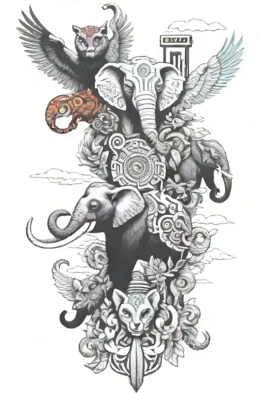 totem pole with each section being a different annal. with elephant, owl, red panda, whale, panther tattoo design idea