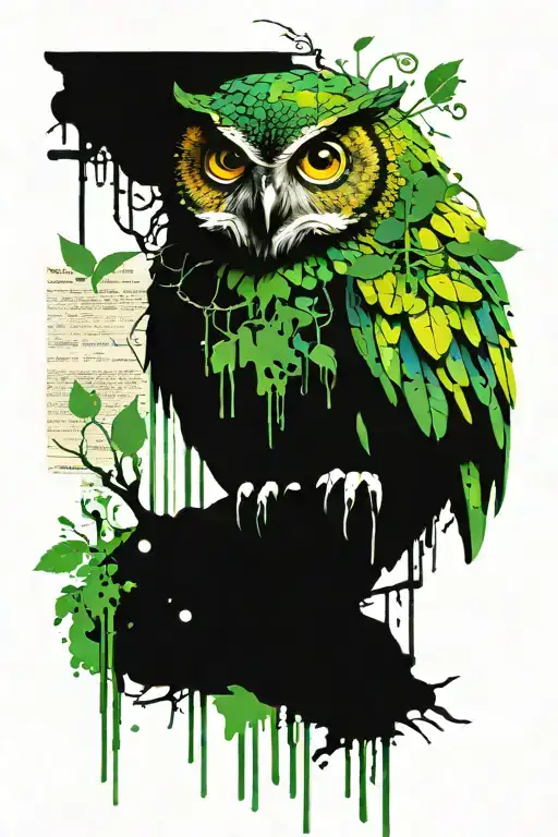perched owl on branch, dripping water paint stylize symbols hidden, keys, bolts, vines branches collage, newspaper tattoo design idea