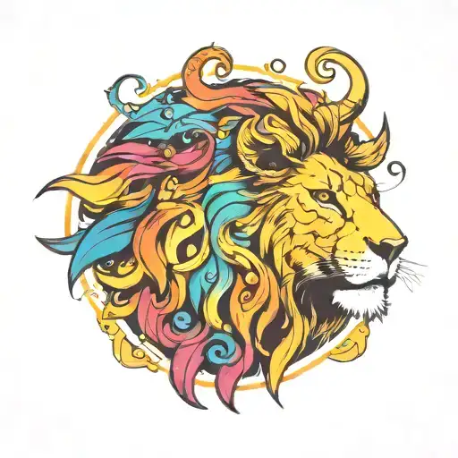circle form, right side lion head, left side bull head, background colourful galsxy tattoo design idea