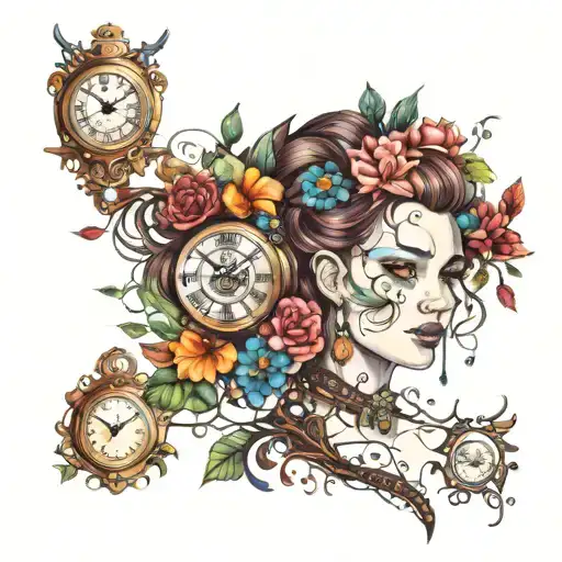portrait of a beautiful woman covered in vines and flowers, clocks, bolts,   bold colors, steampunk, cyberpunk. tattoo design idea