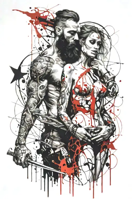 bearded man, standing behind a nude woman, facing forward. his arms around her, a whip in his hand. tattoo design idea
