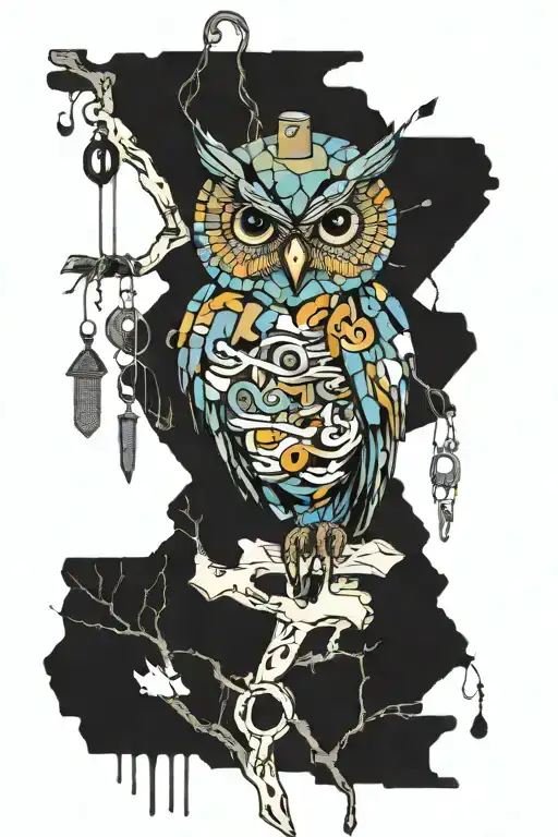 perched owl on branch, dripping water paint stylize symbols hidden, keys, bolts, vines branches collage, newspaper tattoo design idea