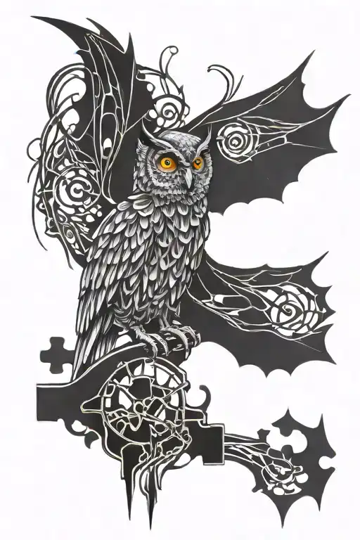 perched owl with missing puzzle piece, stylize batman symbol hidden, keys, bolts, vines branches tattoo design idea