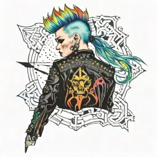 Punk girl clad in leather jacket adorned with metal studs, mohawk hairstyle streaked with vibrant colors, inked tattoo design idea