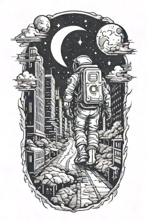 Astronaut walking down road through abandoned metropolis crumbling skyscrapers under a starry sky with crumbling moon, tattoo design idea