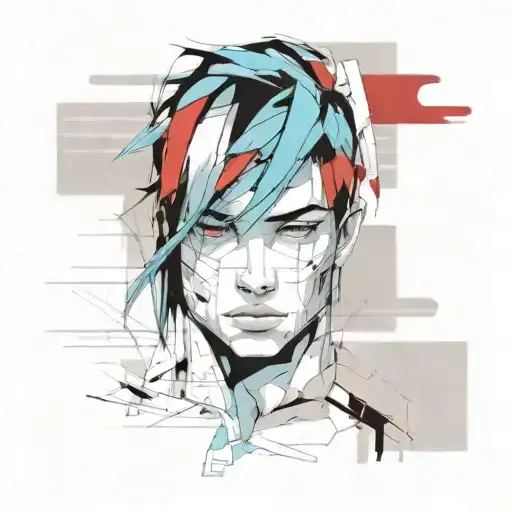 print collage of a fantasy  male warrior, style of josef kote, grunge beauty, , cyan, red and blue, newspaper tattoo design idea