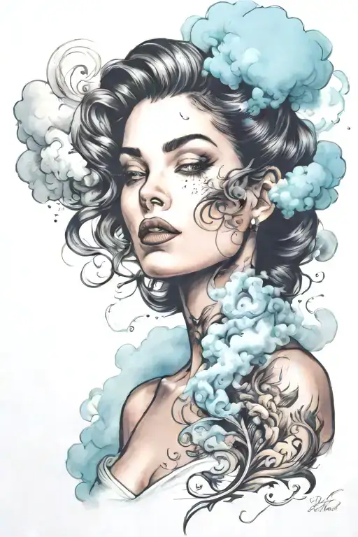 portrait of a beautiful woman covered in cloud of smoke, whirlwind,  hints of pastel, misty,  tattoo design idea