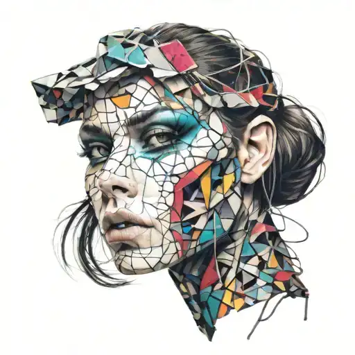 portrait of a woman cracked porcelain face, futuristic look, close-up, long hair, fragile, emotional, color tattoo design idea