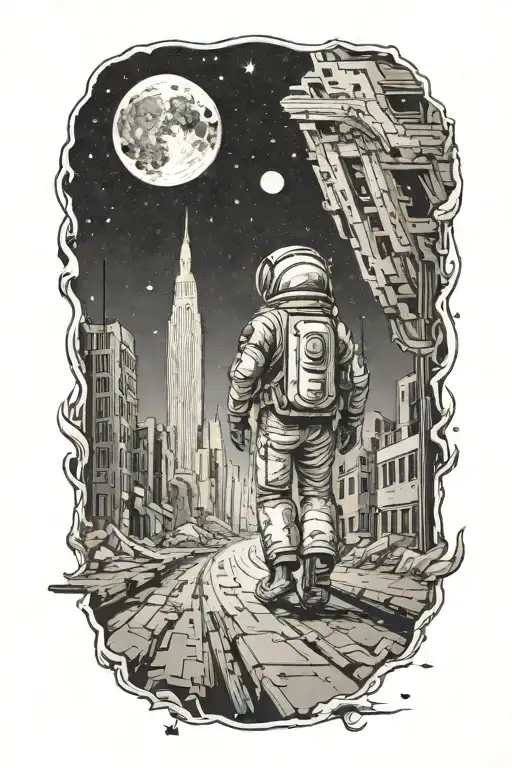 Astronaut walking down road through abandoned metropolis crumbling skyscrapers under a starry sky with crumbling moon, tattoo design idea
