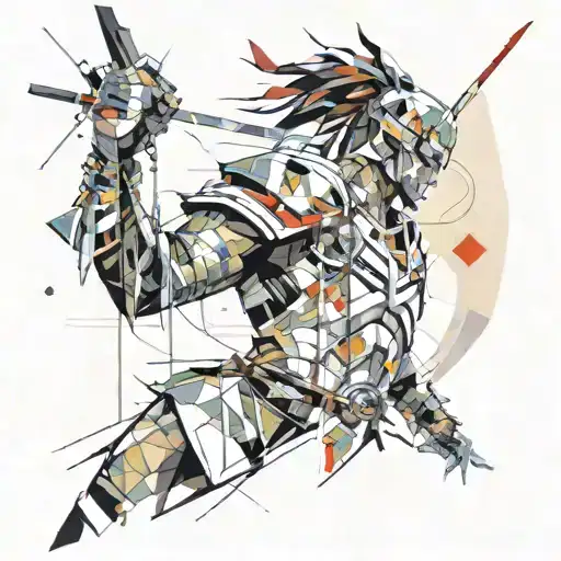 print collage of a fantasy  male warrior, style of josef kote, grunge, newspaper srips, vibrant Style Of Josef Kote tattoo design idea