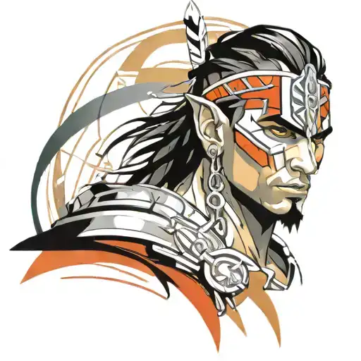 male warrior portrait of mandala design incorporating fantasy warrior, grunge, vibrant colors, style Of Josef Kote tattoo design idea