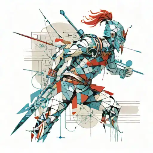 print collage of a fantasy  male warrior, style of josef kote, grunge beauty, , cyan, red and blue, newspaper tattoo design idea
