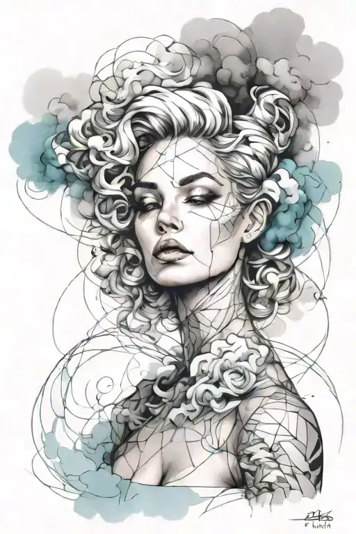 portrait of a beautiful woman covered in cloud of smoke, whirlwind,  hints of pastel, misty,  tattoo design idea