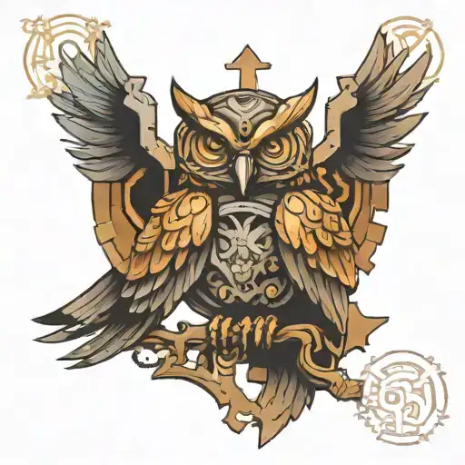 perched owl with missing puzzle piece, stylized metal, steampunk, mechnical tattoo design idea