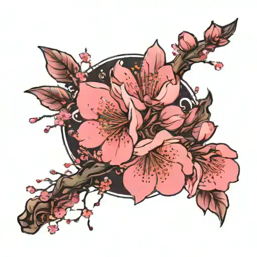 sakura branch with flowers with moon offset in background tattoo design idea