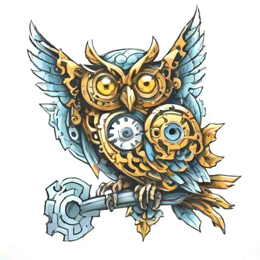 perched owl with missing puzzle piece, stylized metal, steampunk, mechnical tattoo design idea