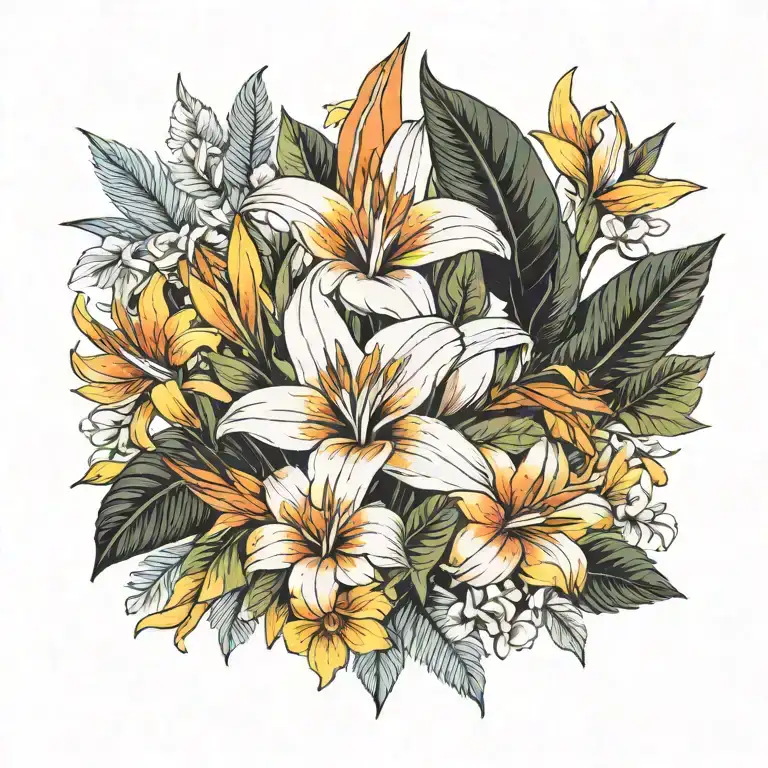 floral bouquet with a strelitzia, a daffadils, leaves and summer flower  tattoo design idea