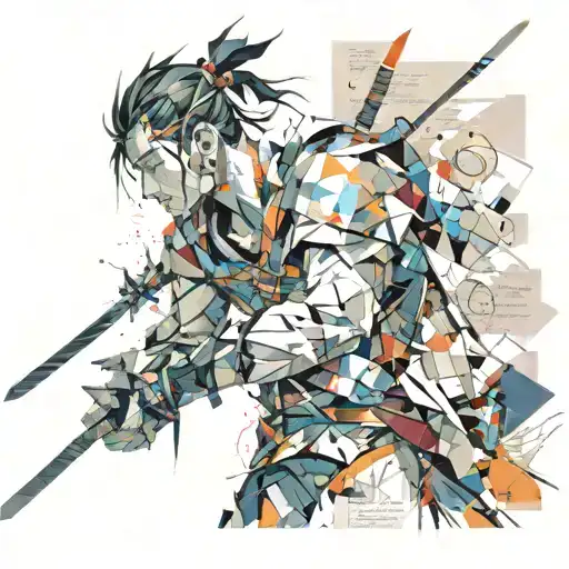 print collage of a fantasy  male warrior, style of josef kote, grunge, newspaper srips, vibrant Style Of Josef Kote tattoo design idea