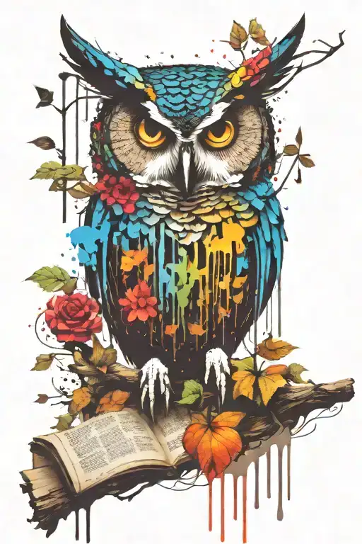 perched owl on branch, dripping water paint stylize symbols hidden, keys, bolts, vines branches collage, newspaper tattoo design idea
