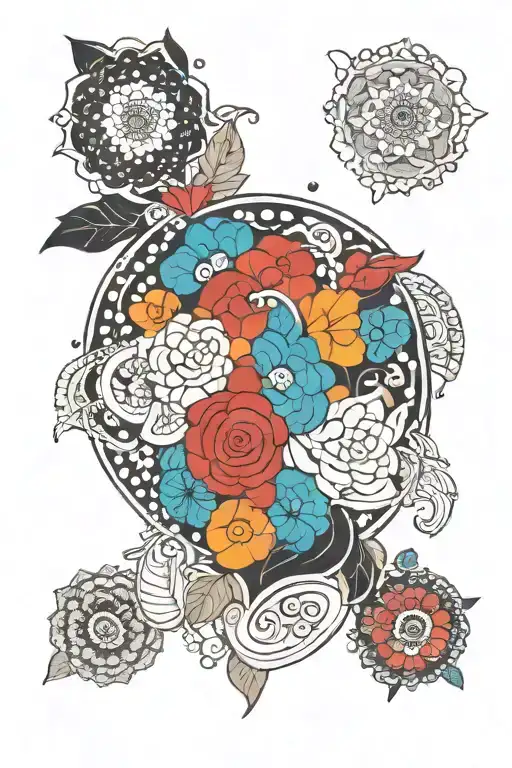 tribal inspired design inspired by aboriginal art work featuring white dots feminine mandala using full color tattoo design idea