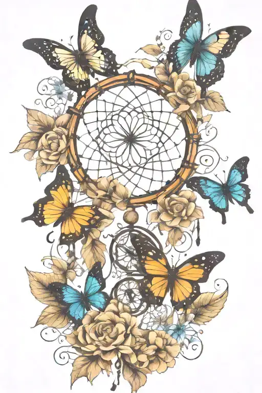 butterflies and dream catcher tattoo design idea