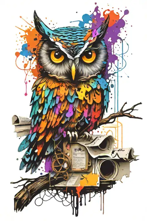 perched owl on branch, dripping water paint stylize symbols hidden, keys, bolts, vines branches collage, newspaper tattoo design idea