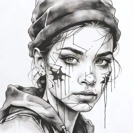 face portrait using Ink black street graffiti art on a inspired Banksy tattoo design idea