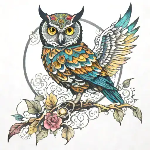 when steampunk meets mandala design incorporating elements of an owl perched on a branch, vibrant colors tattoo design idea
