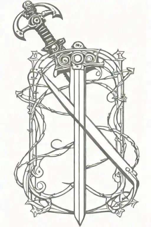print of a sword, retro fantsy  grunge with barbed wire and and steampunk elements metal tattoo design idea