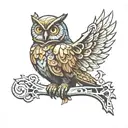 perched owl with missing puzzle piece, stylized metal, steampunk tattoo design idea