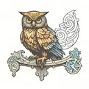 perched owl with missing puzzle piece, stylized metal, steampunk tattoo design idea
