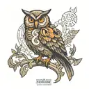 perched owl with missing puzzle piece, stylized metal, steampunk tattoo design idea