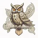 perched owl with missing puzzle piece, stylized metal, steampunk tattoo design idea