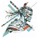 print collage of a fantasy  male warrior, style of josef kote, grunge beauty, ,newspaper tattoo design idea