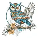 when steampunk meets mandala design incorporating elements of an owl perched on a branch, vibrant colors tattoo design idea