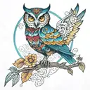when steampunk meets mandala design incorporating elements of an owl perched on a branch, vibrant colors tattoo design idea