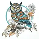when steampunk meets mandala design incorporating elements of an owl perched on a branch, vibrant colors tattoo design idea