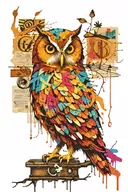 perched owl on branch, dripping water paint stylize symbols hidden, keys, bolts, vines branches collage, newspaper tattoo design idea