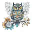 when steampunk meets mandala design incorporating elements of an owl perched on a branch, vibrant colors tattoo design idea