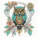 when steampunk meets mandala design incorporating elements of an owl perched on a branch, vibrant colors tattoo design idea