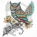 when steampunk meets mandala design incorporating elements of an owl perched on a branch, vibrant colors tattoo design idea