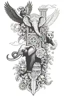 totem pole with each section being a different annal. with elephant, owl, red panda, whale, panther tattoo design idea