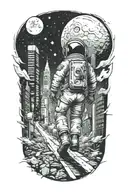 Astronaut walking down road through abandoned metropolis crumbling skyscrapers under a starry sky with crumbling moon, tattoo design idea