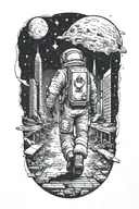 Astronaut walking down road through abandoned metropolis crumbling skyscrapers under a starry sky with crumbling moon, tattoo design idea