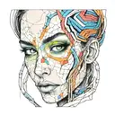 portrait of a woman cracked porcelain face, futuristic look, close-up, long hair, fragile, emotional, color tattoo design idea
